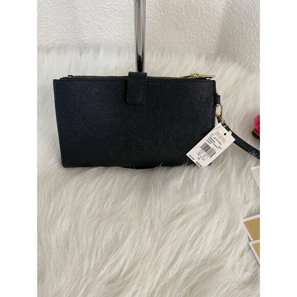 Michael Kors Saffiano Leather Double Zip Wallet Phone Case Wristlet Black Gold - Picture 2 of 10